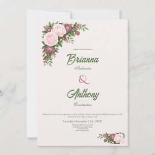 Invitation Mariage Botanique au Vin Rouge Clair et Pivoine Ro