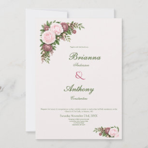 Invitation Mariage Botanique au Vin Rouge Clair et Pivoine Ro