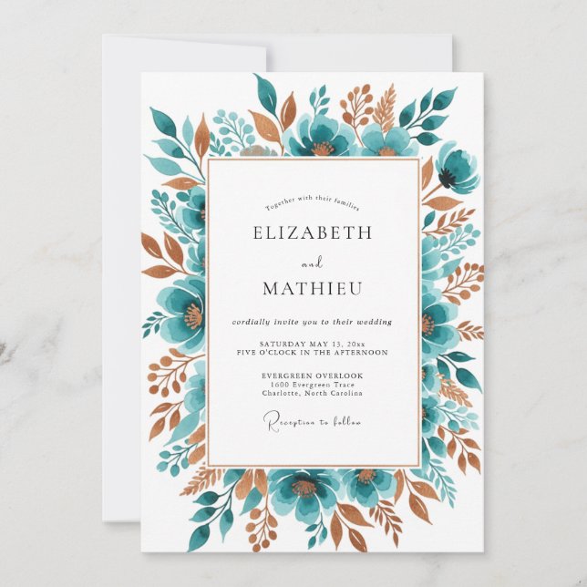 Invitation Mariage botanique automnal à fleurs bleu-vert (Devant)