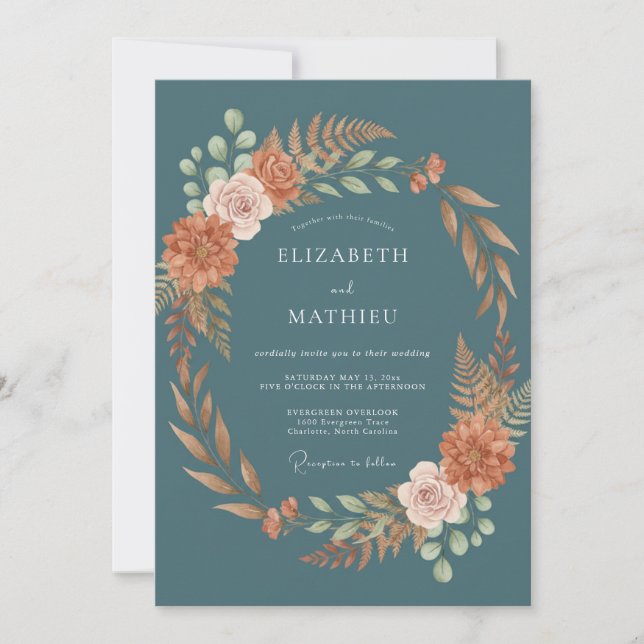 Invitation Mariage Botanique Automnal de Teinte Cyan (Devant)