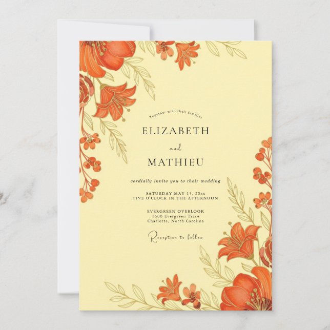 Invitation Mariage Botanique Automnal Orange Brûlé (Devant)