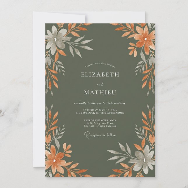 Invitation Mariage Botanique Automnal Vert Sauge (Devant)
