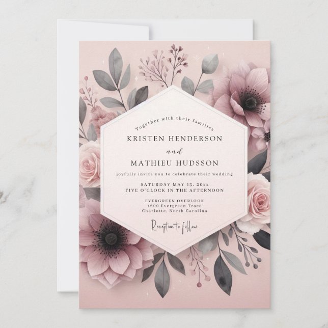 Invitation Mariage Botanique aux Cendres Mauves (Devant)