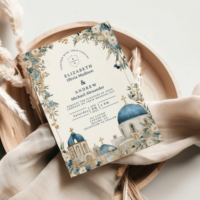 Invitation Mariage botanique aux dômes bleus de Santorin (Créateur téléchargé)