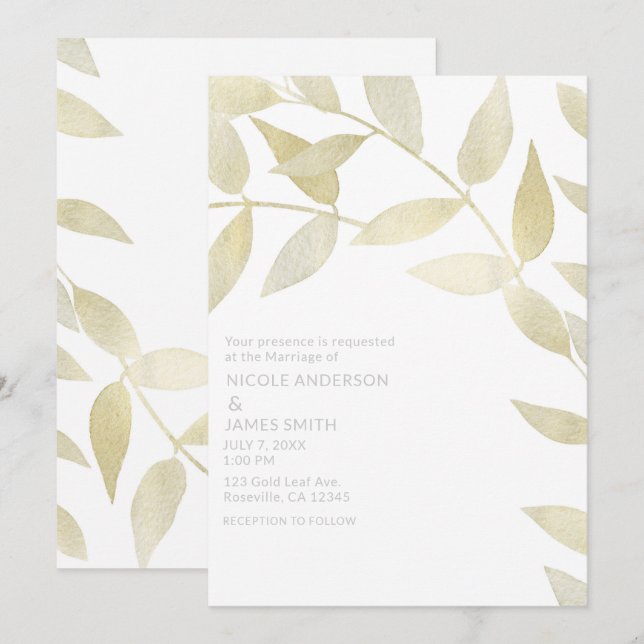 Invitation Mariage Botanique aux Feuilles d'Or Doré Rustique  (Devant / Derrière)