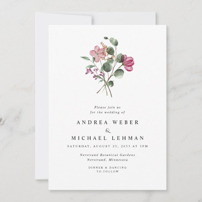 Invitation Mariage botanique aux fleurs pressées magenta (Devant)