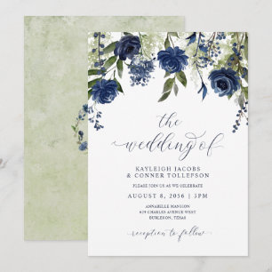 Invitation Mariage botanique aux fleurs sauvages bleues marin
