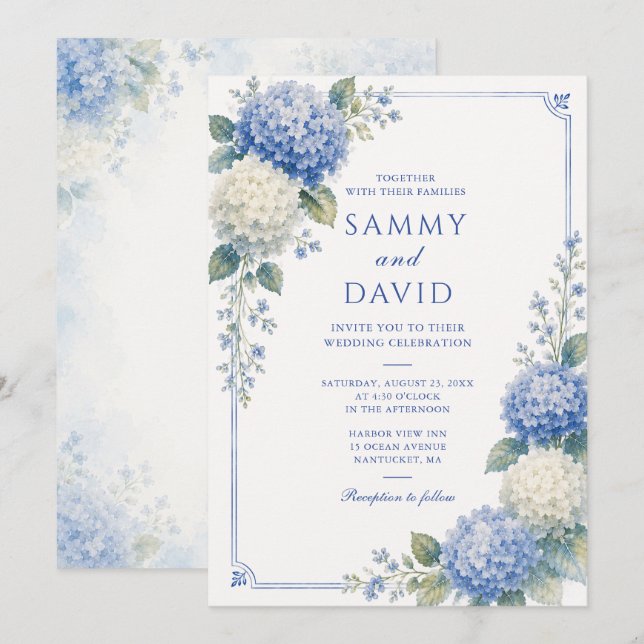 Invitation Mariage Botanique aux Hortensias Bleus (Devant / Derrière)