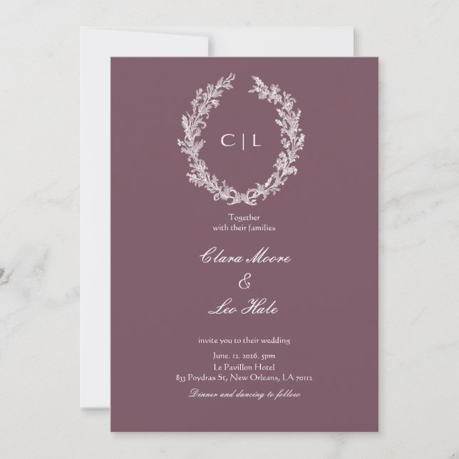 Invitation Mariage Botanique avec Dessin au Trait Blanc sur F (Devant)