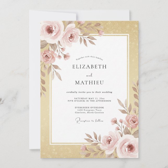 Invitation Mariage Botanique avec Fard Doré (Devant)