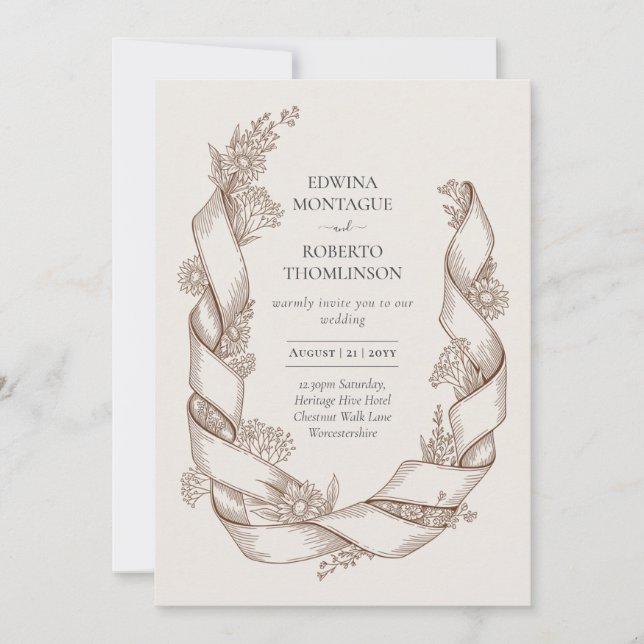 Invitation Mariage Botanique avec Ruban de Tournesol Rustique (Devant)
