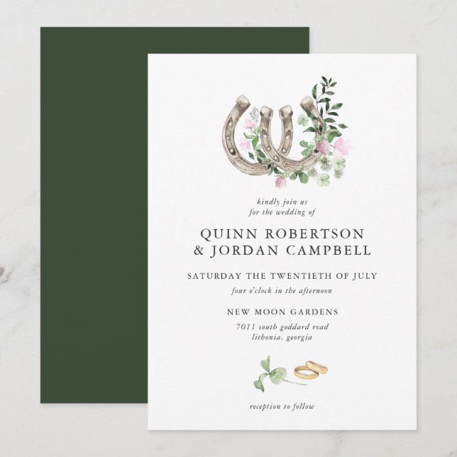Invitation Mariage botanique avec trèfle élégant et fer à che (Devant / Derrière)
