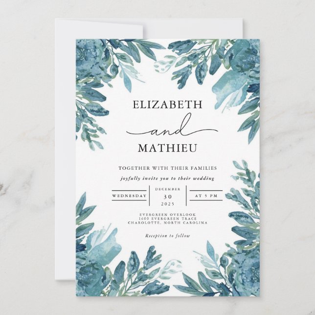 Invitation Mariage botanique Azure Bloom (Devant)