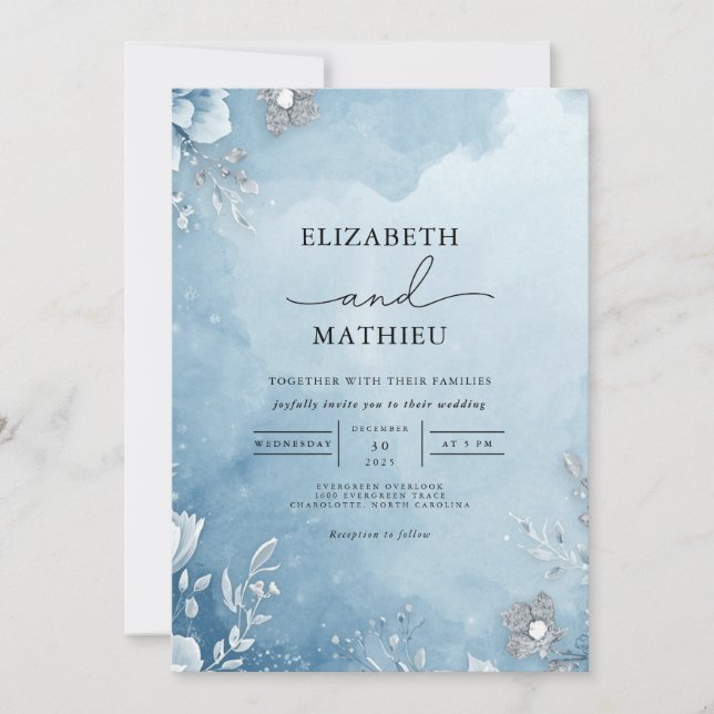 Invitation Mariage botanique Azure Frost (Devant)