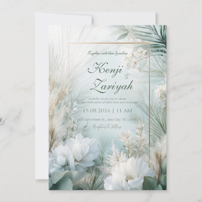 Invitation Mariage botanique blanc doux (Devant)