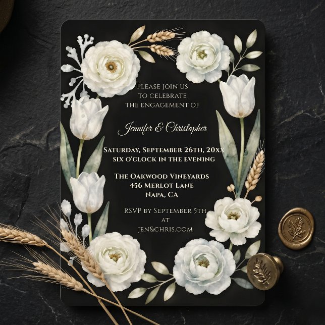 Invitation Mariage Botanique Blanc Noir Engagement Party (Créateur téléchargé)