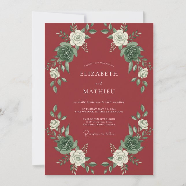 Invitation Mariage Botanique Blanc Rouge Cramoisi (Devant)