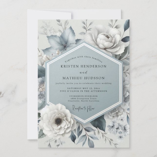 Invitation Mariage Botanique Bleu Ardoise Maussade (Devant)