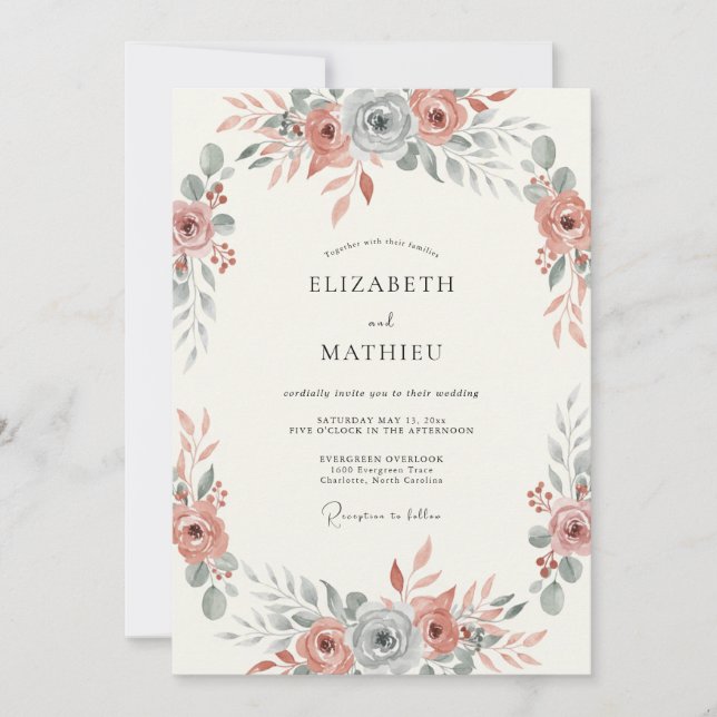 Invitation Mariage Botanique Bleu Ardoise Rose Atténué (Devant)