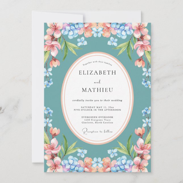 Invitation Mariage Botanique Bleu Canard Lumineux (Devant)