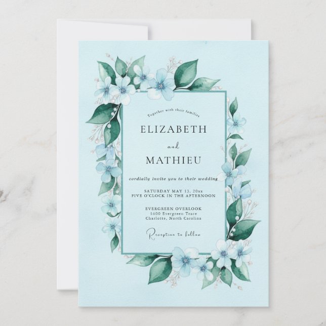 Invitation Mariage Botanique Bleu Céleste Impeccable (Devant)