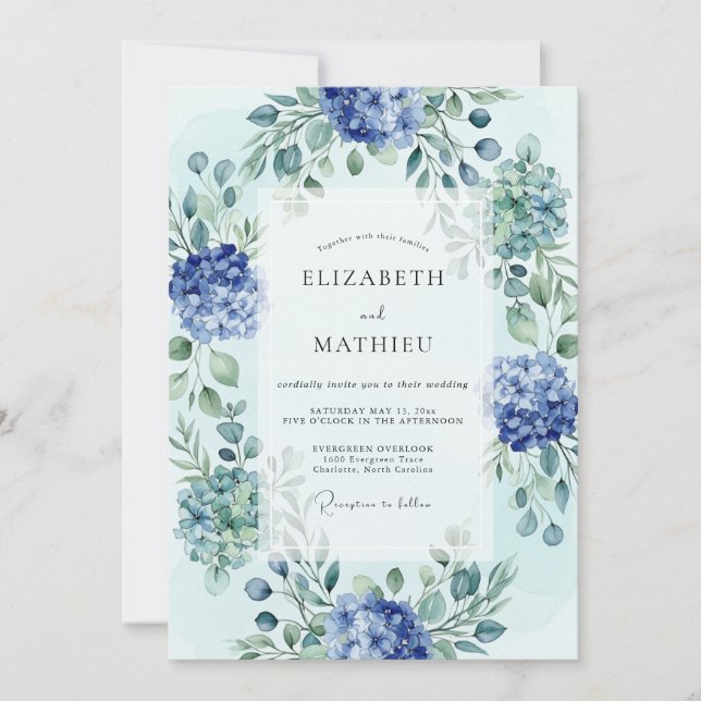 Invitation Mariage Botanique Bleu Céleste Verdoyant (Devant)
