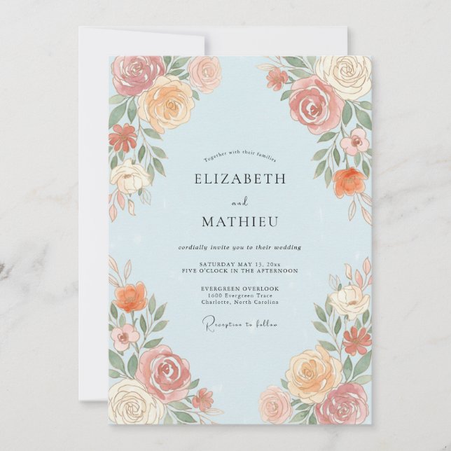 Invitation Mariage Botanique Bleu Clair et Pêche (Devant)