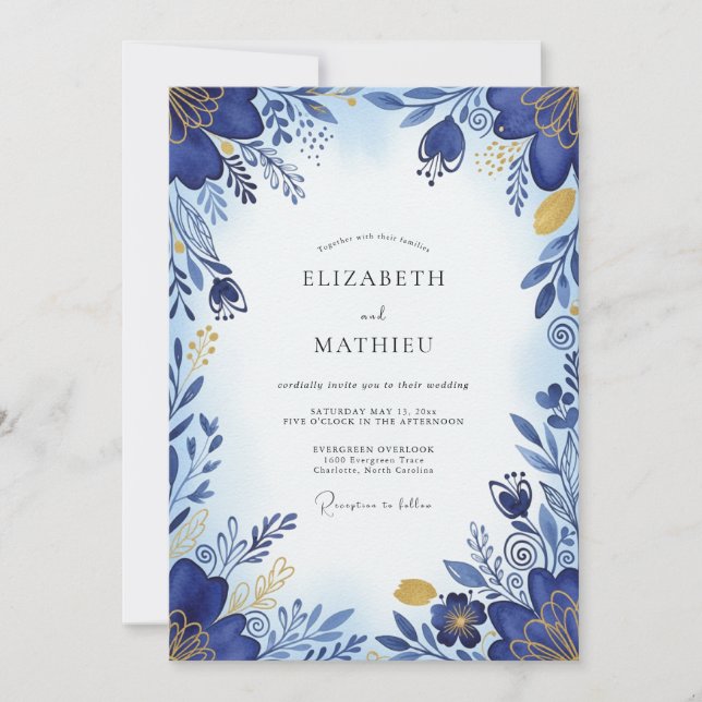 Invitation Mariage Botanique Bleu Cobalt Brillante (Devant)