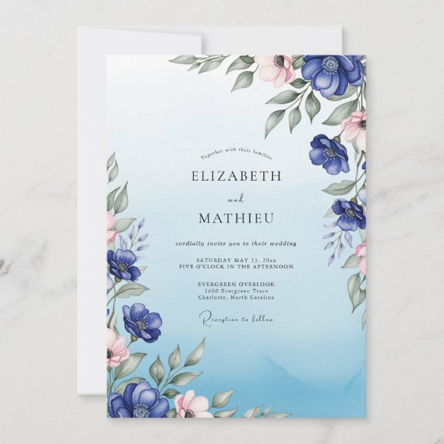 Invitation Mariage Botanique Bleu Cobalt Radiant (Devant)