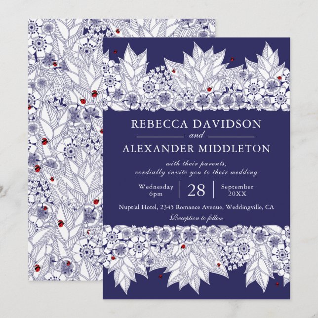 Invitation Mariage botanique bleu de la marine russe (Devant / Derrière)