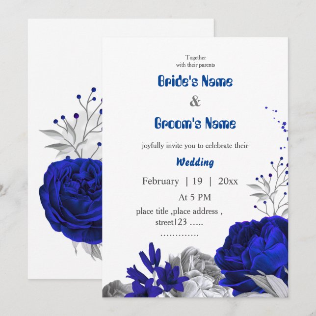 Invitation mariage botanique bleu et argent royal (Devant / Derrière)