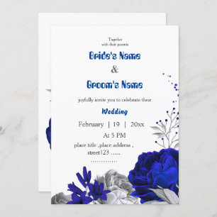 Invitation mariage botanique bleu et argent royal