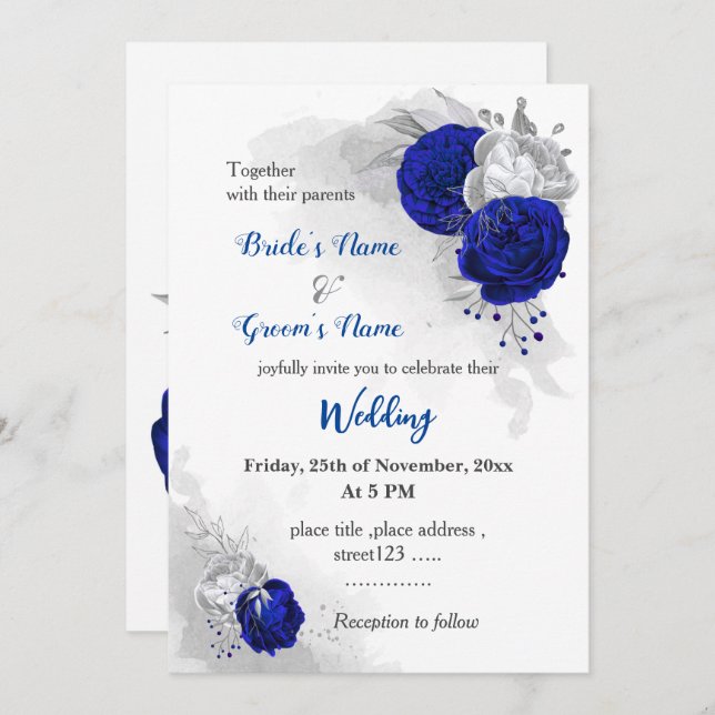 Invitation mariage botanique bleu et argent royal (Devant / Derrière)