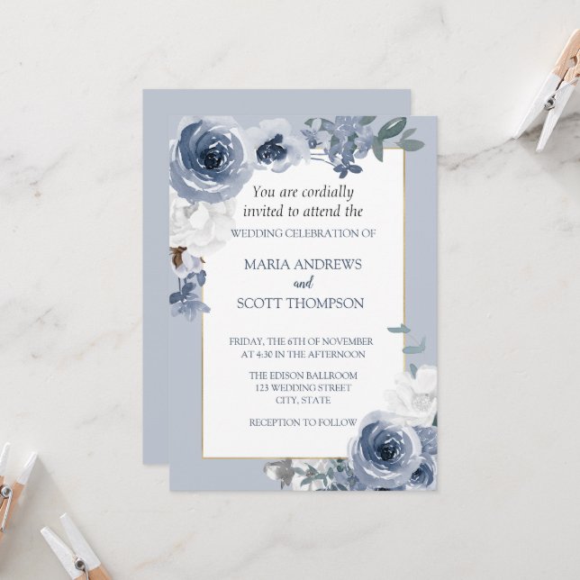Invitation Mariage botanique bleu et blanc fleuri (Devant/Arrière en situation)