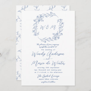 Invitation Mariage botanique bleu et blanc minimal