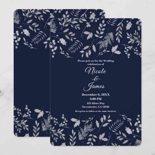 Invitation Mariage botanique bleu et feuilles argentées d'hiv (Devant / Derrière)