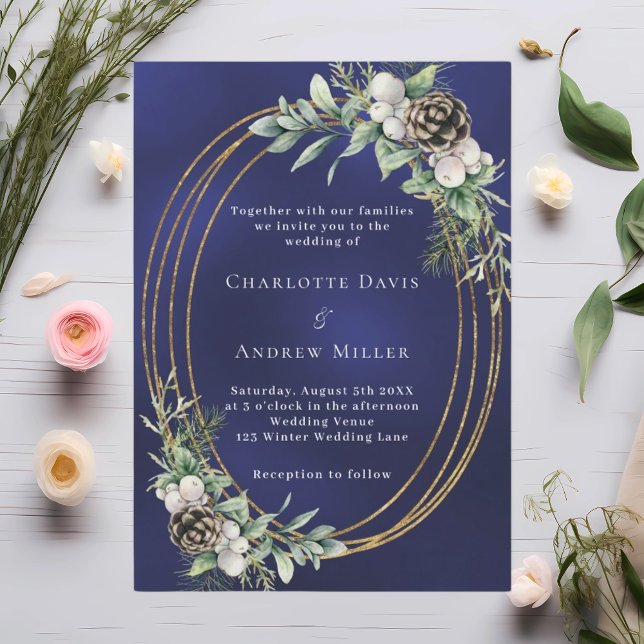 Invitation Mariage botanique bleu hivernal (Créateur téléchargé)