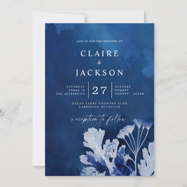 Invitation Mariage botanique bleu Indigo (Devant)