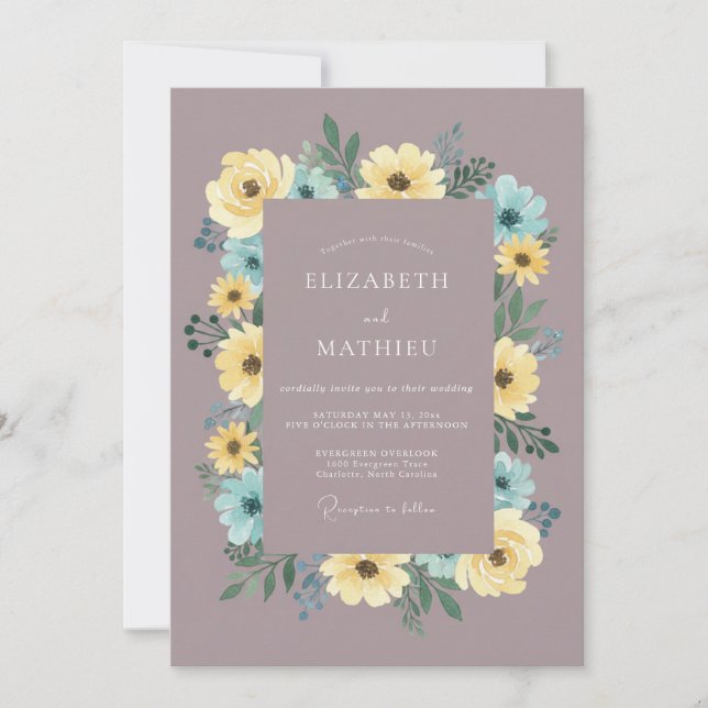 Invitation Mariage Botanique Bleu Jaune Mauve (Devant)