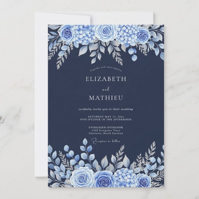Invitation Mariage Botanique Bleu Marine Poli (Devant)