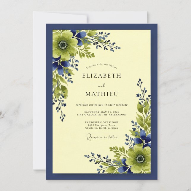 Invitation Mariage Botanique Bleu Marine Vivant (Devant)