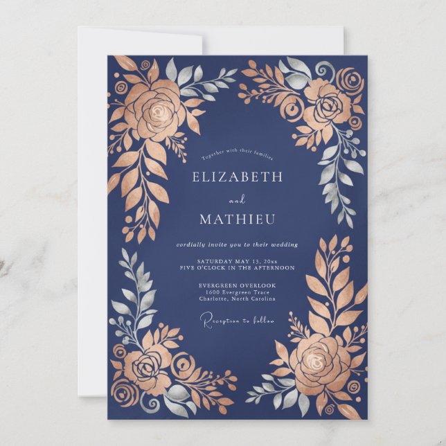 Invitation Mariage Botanique Bleu Nuit Brillante (Devant)