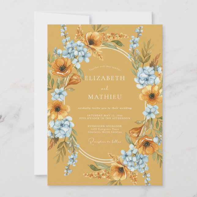 Invitation Mariage Botanique Bleu Ocre (Devant)