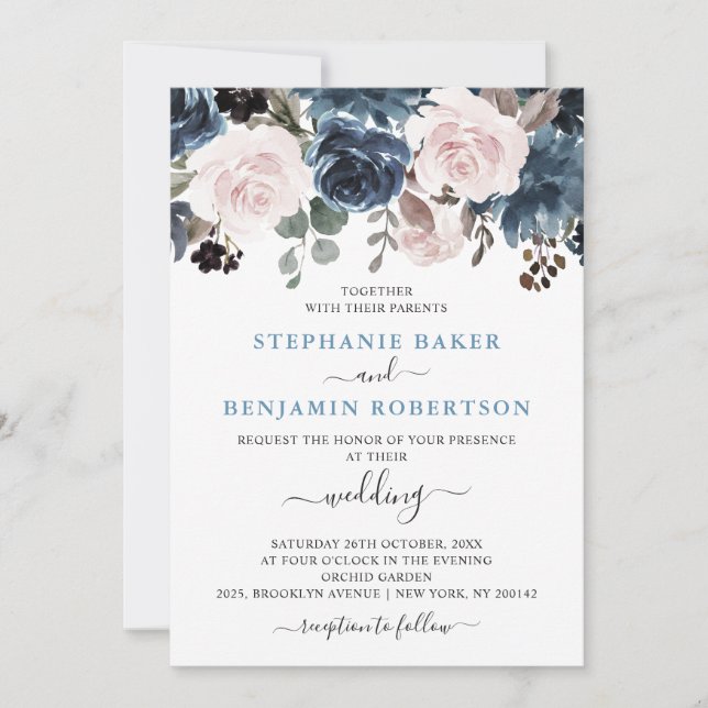 Invitation Mariage botanique bleu pâle rose rose (Devant)