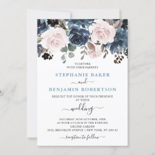 Invitation Mariage botanique bleu pâle rose rose