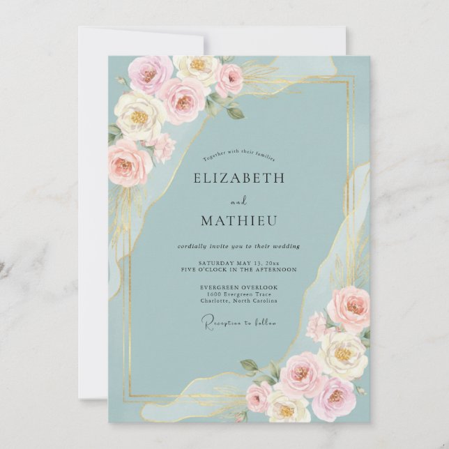 Invitation Mariage Botanique Bleu Poudre (Devant)