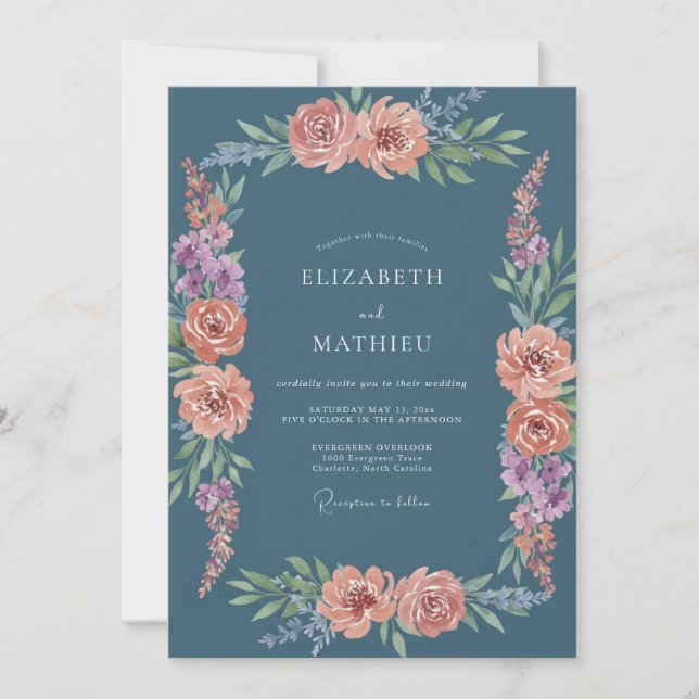 Invitation Mariage Botanique Bleu Poussiéreux aux Pêches (Devant)