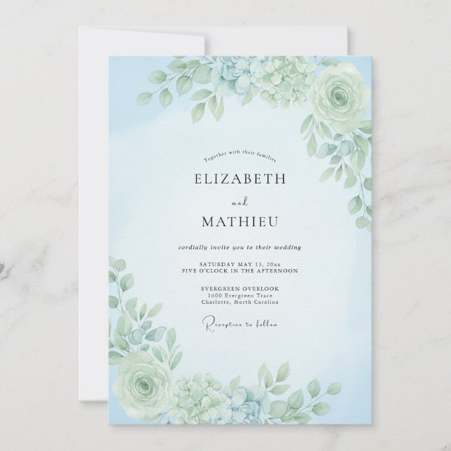 Invitation Mariage Botanique Bleu Poussiéreux Douce (Devant)