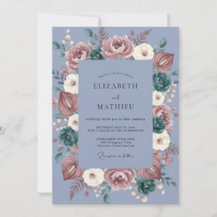 Invitation Mariage Botanique Bleu Poussiéreux Humeur