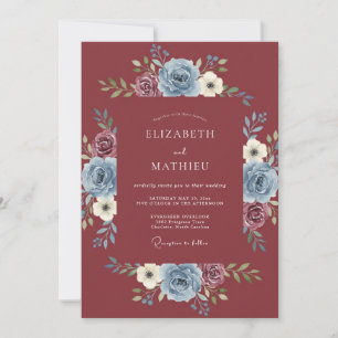 Invitation Mariage Botanique Bleu Poussiéreux Marron